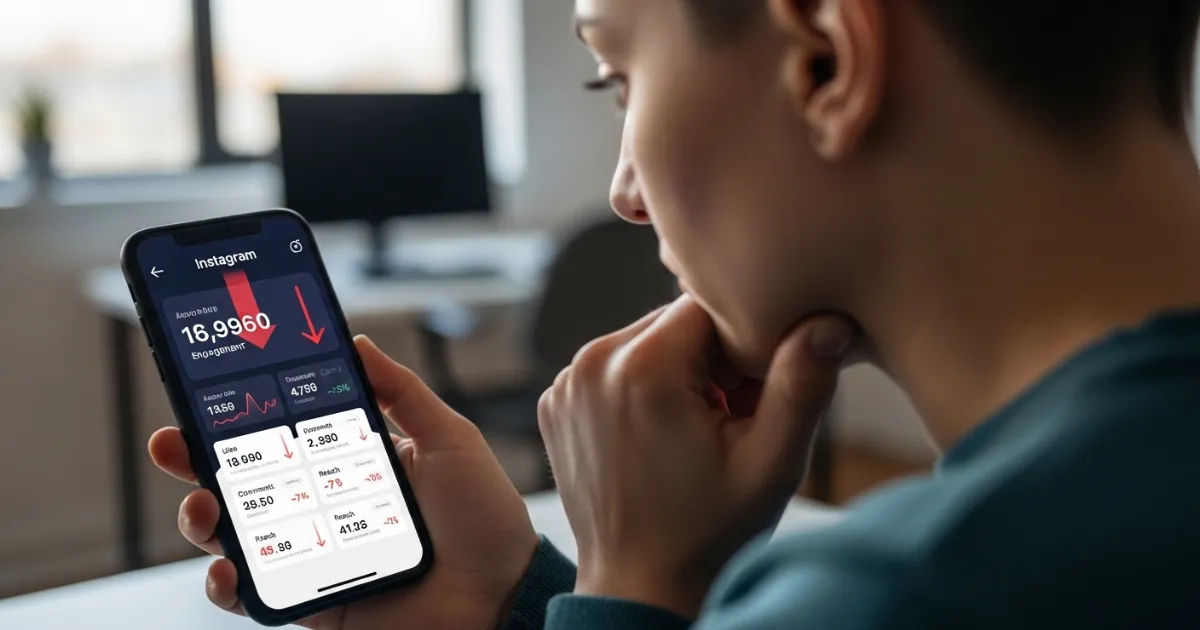 Social media analytics showing engagement rate decline with troubleshooting solutions